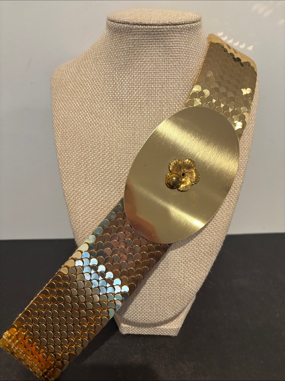 Vintage 1980s Gold Fish Scale Stretch Belt | Boho Disco Statement Belt 27"